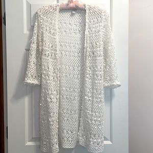 Open weave mid thigh length dressy white cardigan. Chico’s size 0 (small)